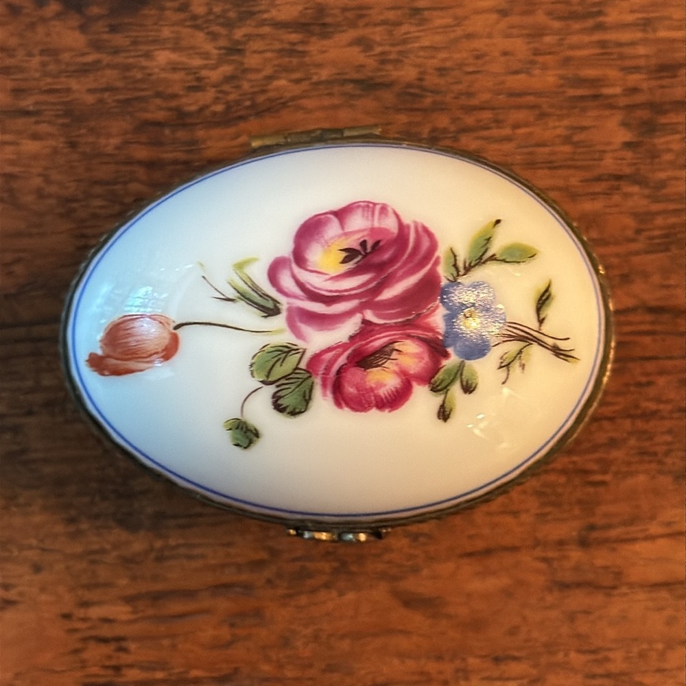 Limoges France Floral Porcelain Hinged Egg Shaped Trinket Box - Picture 2 of 13